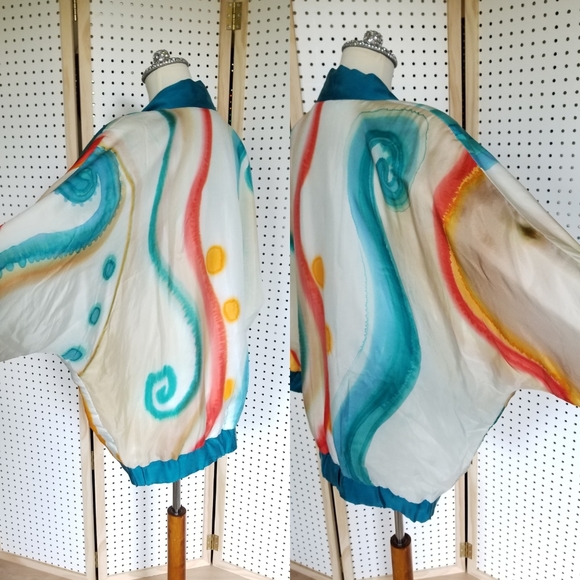 -Vintage 80s Hand Painted Silk Jacket Abstract - Picture 4 of 10